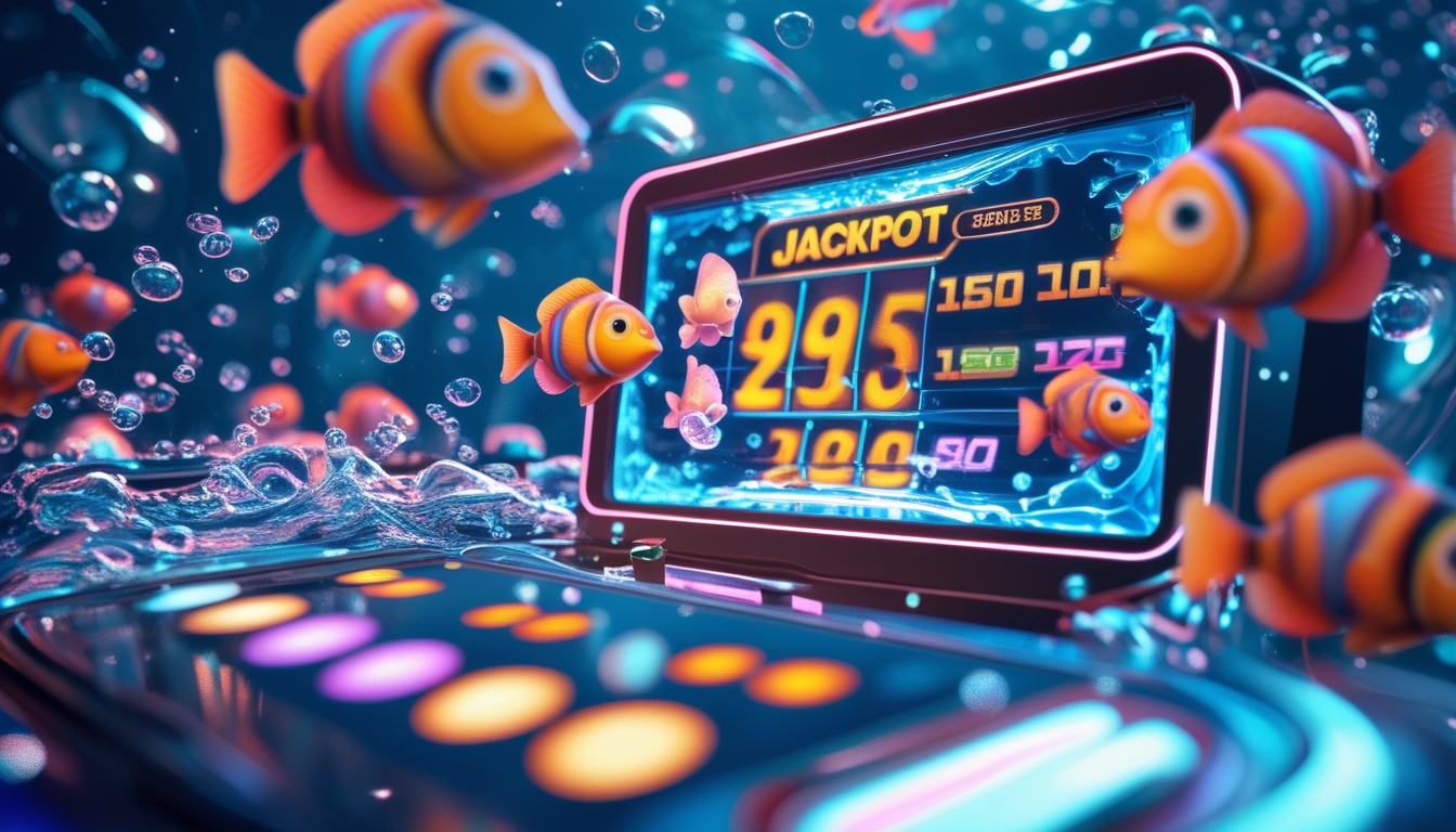 Suasana permainan judi tembak ikan dengan ikan berwarna-warni dan tampilan jackpot digital yang menyala di latar bawah laut.