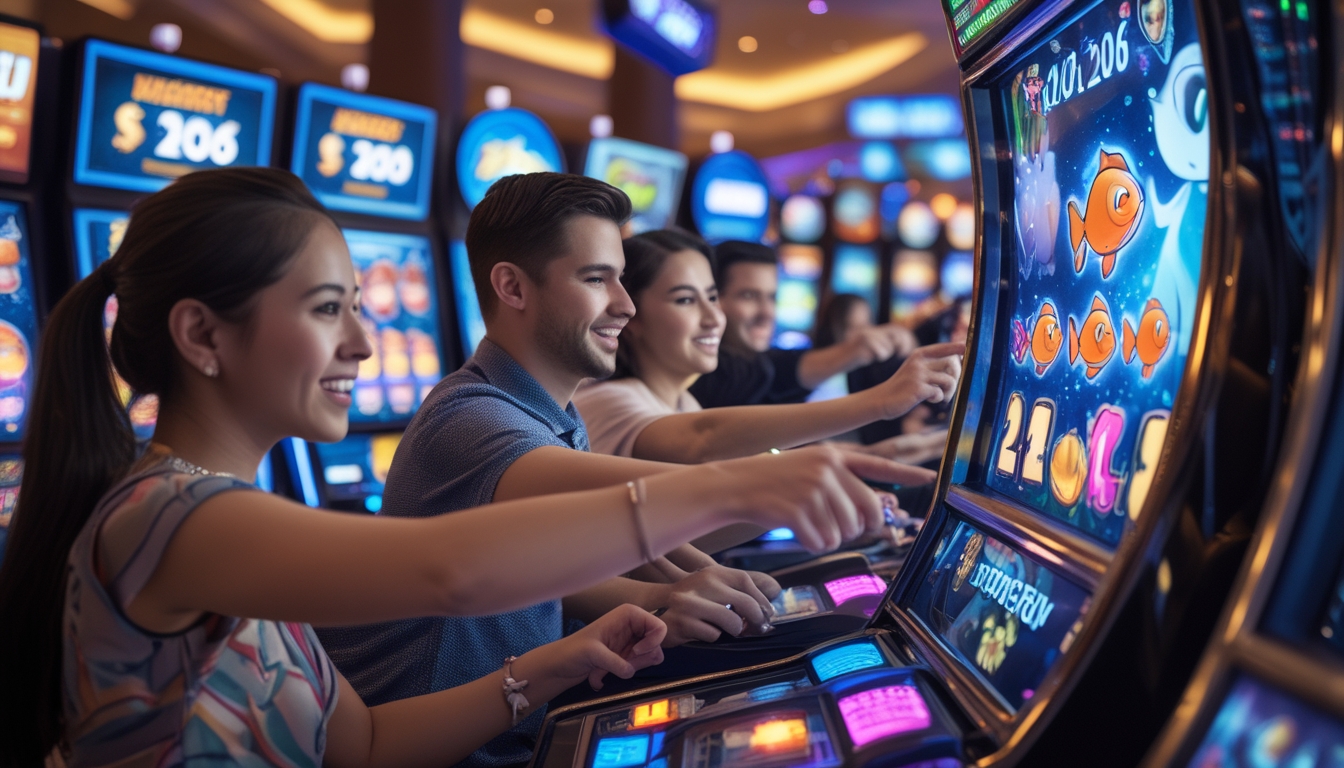 Sejumlah orang bermain mesin permainan tembak ikan di kasino dengan lampu warna-warni dan layar digital menampilkan jackpot besar.