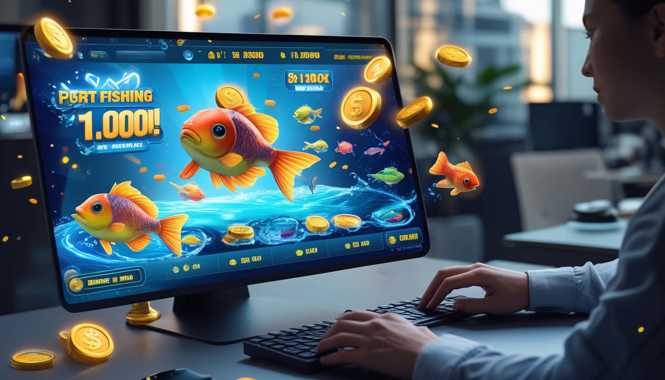 Seseorang sedang bermain permainan tembak ikan online dengan layar komputer yang menampilkan ikan berwarna-warni dan ikon jackpot besar.
