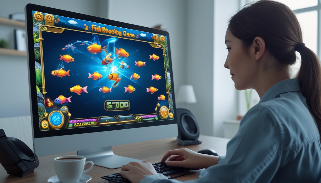Seorang pemain dewasa sedang bermain permainan tembak ikan di komputer dengan layar menampilkan ikan warna-warni dan simbol jackpot, di sebuah ruang kerja modern dengan pencahayaan alami.