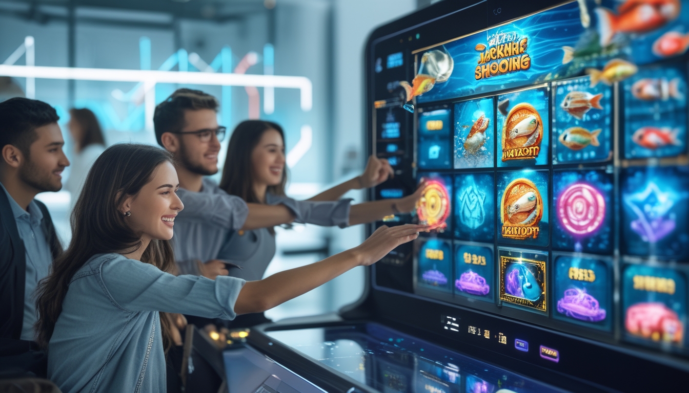 Beberapa orang muda sedang bermain permainan tembak ikan dengan layar sentuh besar yang menampilkan ikan berwarna-warni dan ikon jackpot dalam ruangan yang terang dan modern.