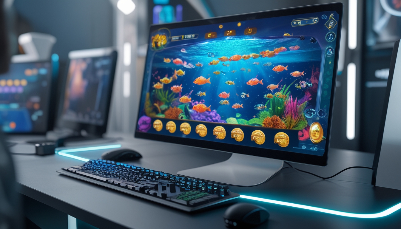 Tampilan layar komputer dengan permainan tembak ikan online, menampilkan ikan berwarna-warni dan ikon jackpot, di meja dengan perlengkapan gaming modern.