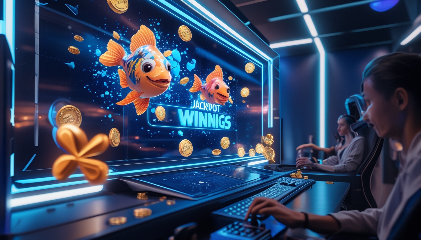 Seorang pemain profesional sedang bermain game tembak ikan di depan layar komputer dengan animasi ikan dan koin jackpot yang berwarna-warni.