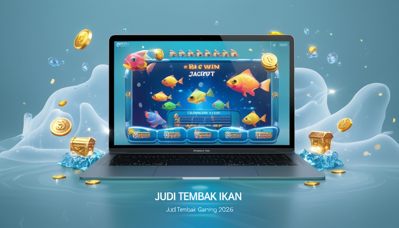 Layar perangkat menampilkan permainan judi tembak ikan dengan ikan berwarna-warni dan simbol jackpot, dikelilingi oleh koin dan efek cahaya yang menunjukkan kemenangan besar.