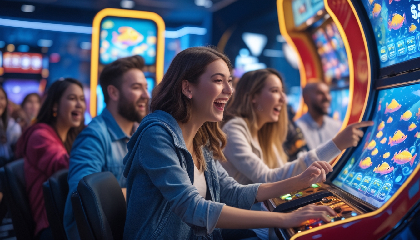 Orang-orang bermain mesin judi tembak ikan di ruang arcade yang penuh warna dan ramai, dengan ekspresi fokus dan senang.