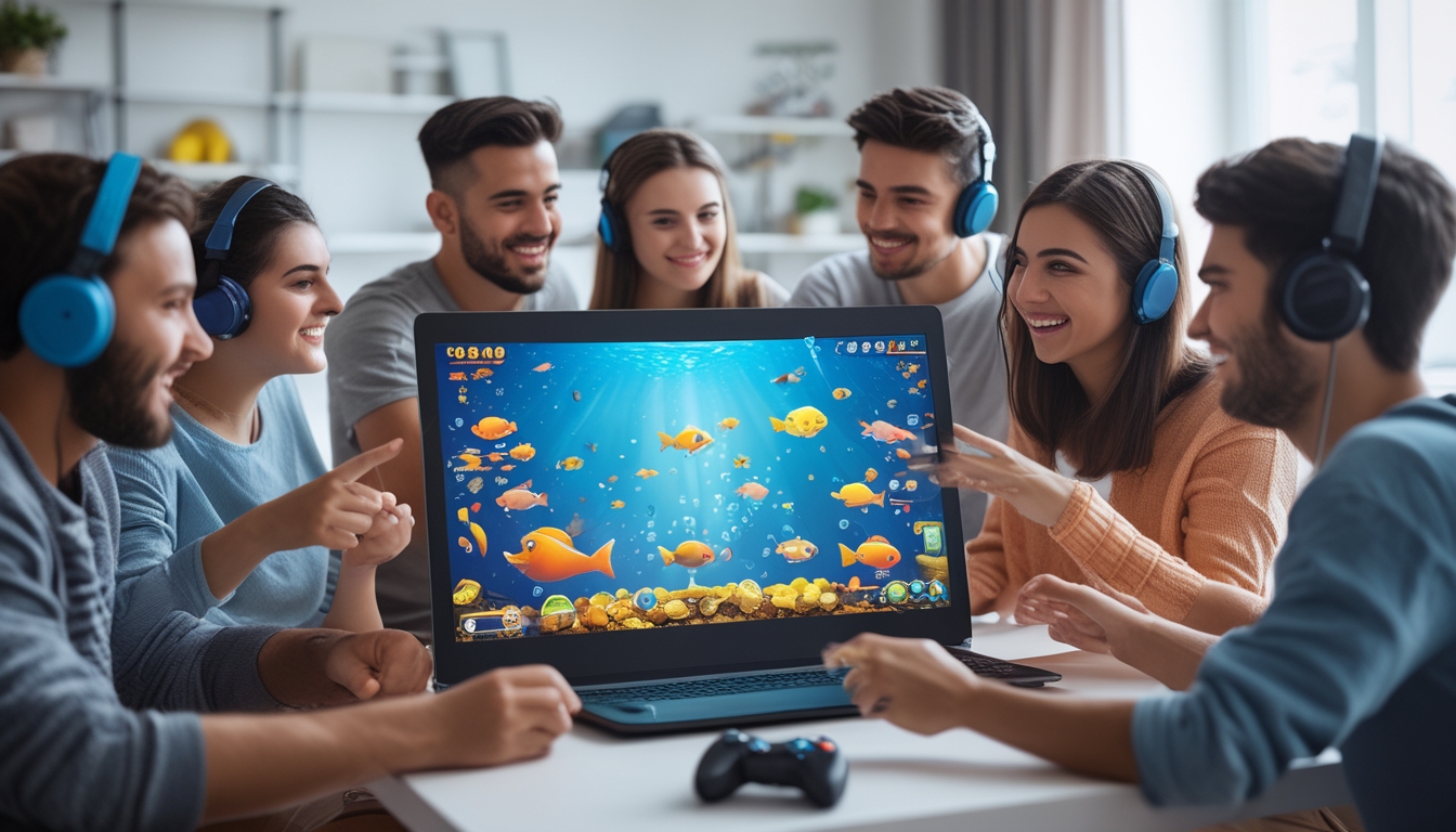 Beberapa orang muda berkumpul di sekitar komputer yang menampilkan permainan tembak ikan online dengan grafik bawah laut yang berwarna-warni.