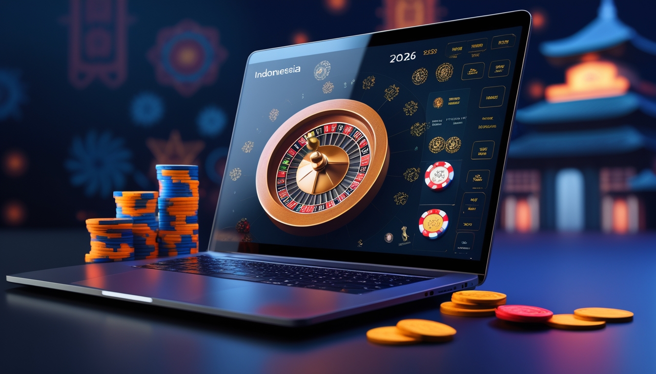 Sebuah komputer menampilkan roda roulette digital dengan tumpukan chip berwarna-warni, latar belakang menampilkan pola batik yang samar.