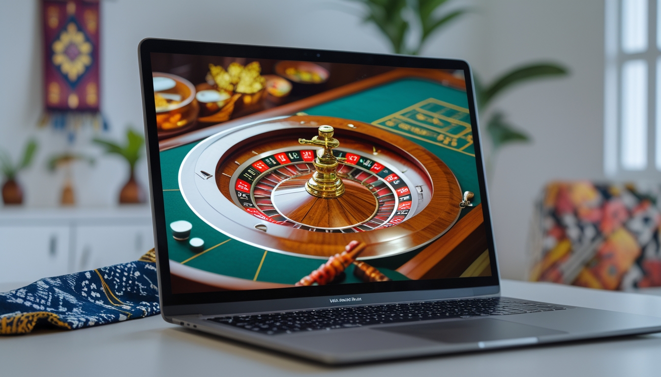 Seseorang bermain roulette online di depan layar komputer dengan latar belakang ruangan yang rapi dan dekorasi tradisional Indonesia.