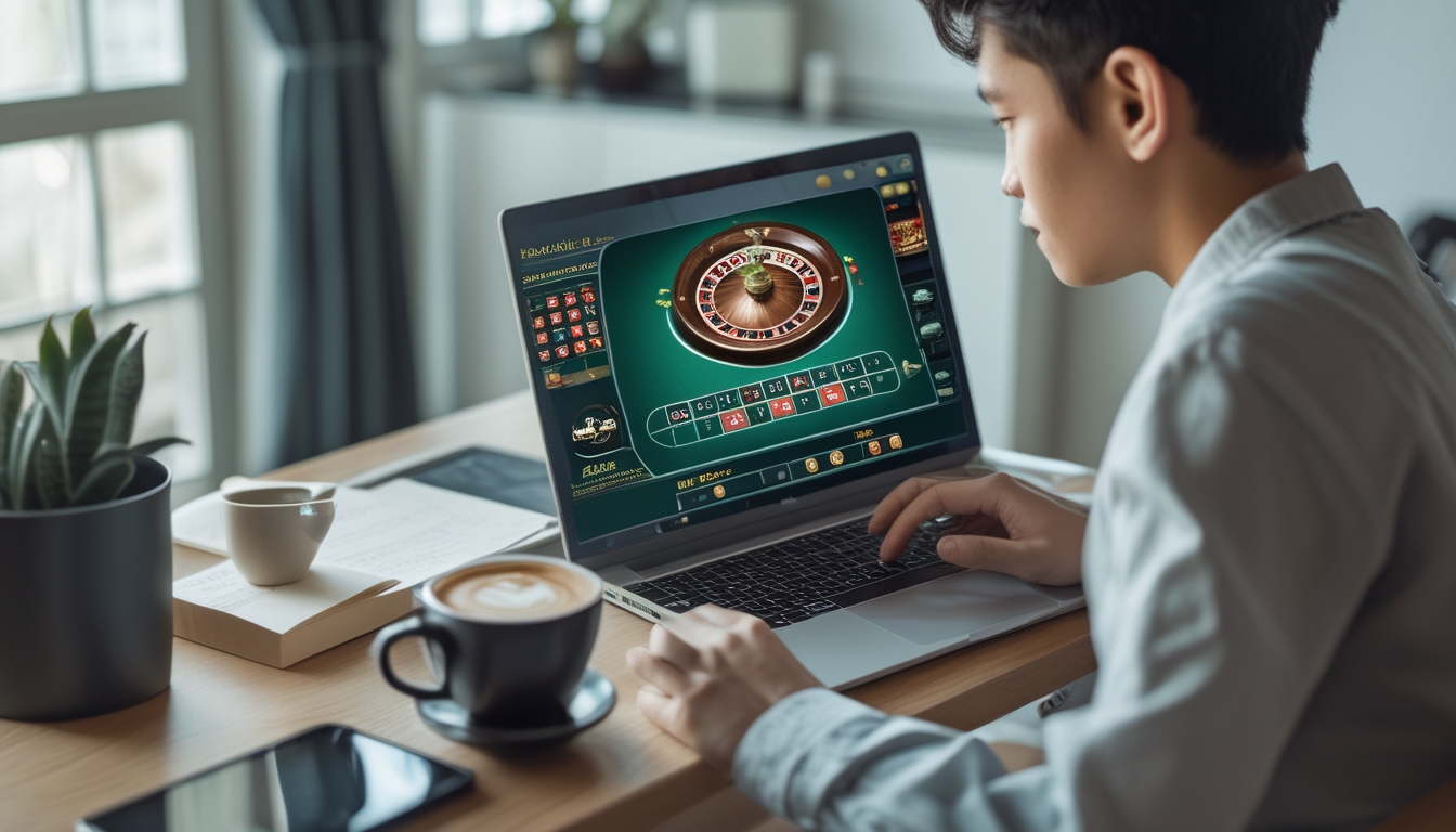 Seorang pemain muda Indonesia sedang fokus bermain roulette online menggunakan laptop di dalam ruangan yang nyaman.