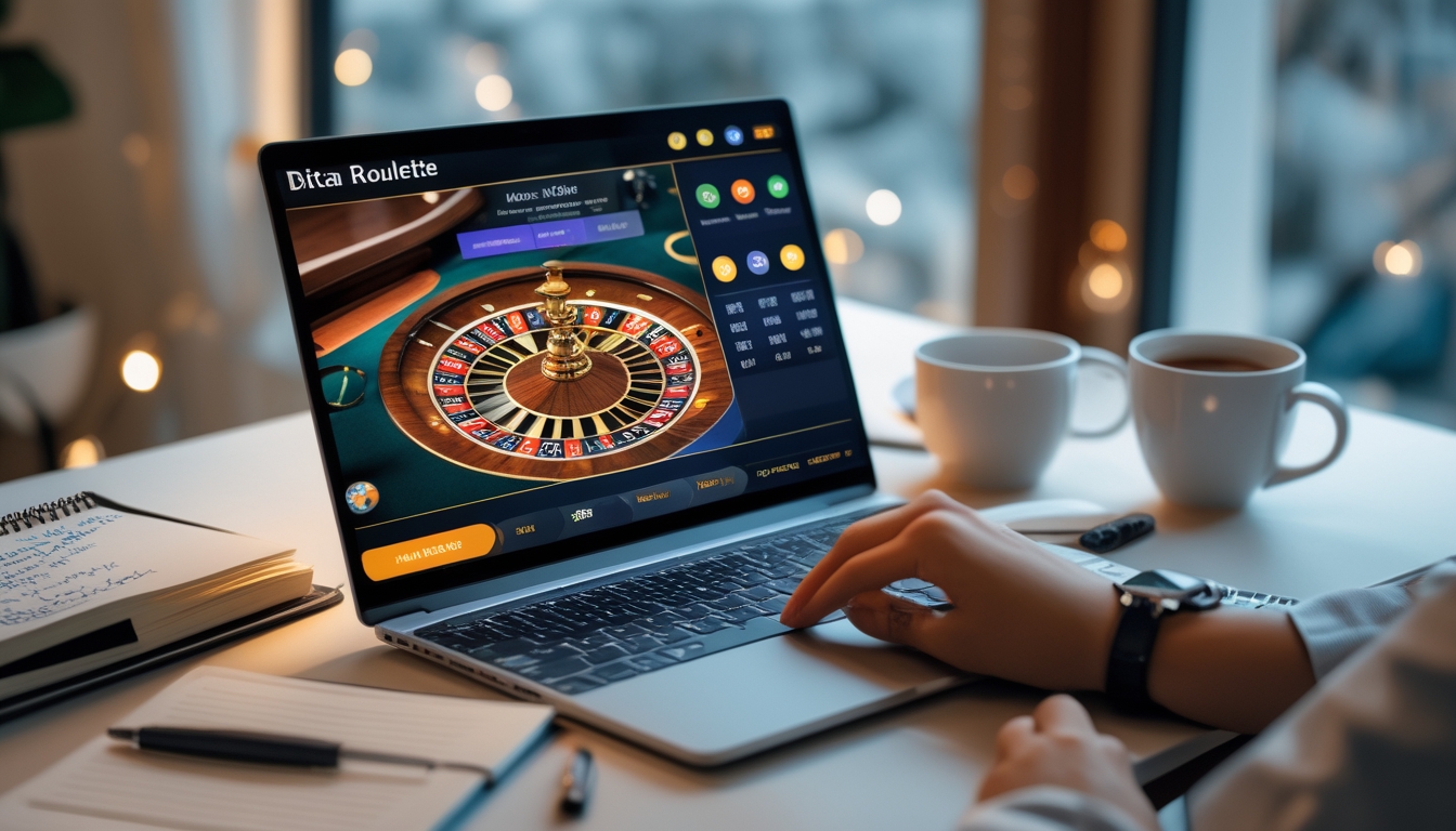 Seorang pemain sedang menggunakan komputer dengan tampilan permainan roulette online di layar, di meja terdapat buku catatan dan cangkir kopi.