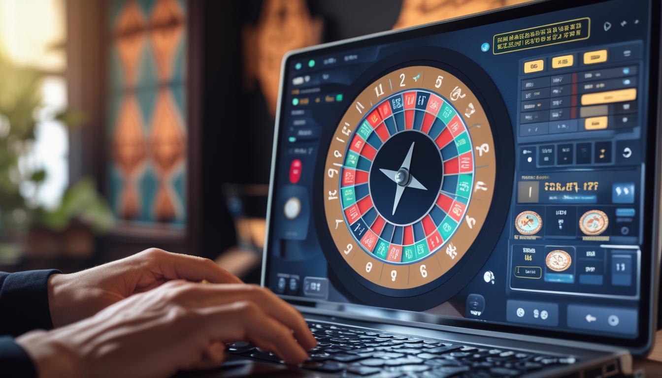 Seseorang bermain roulette online di layar perangkat digital dengan latar belakang elemen budaya Indonesia.
