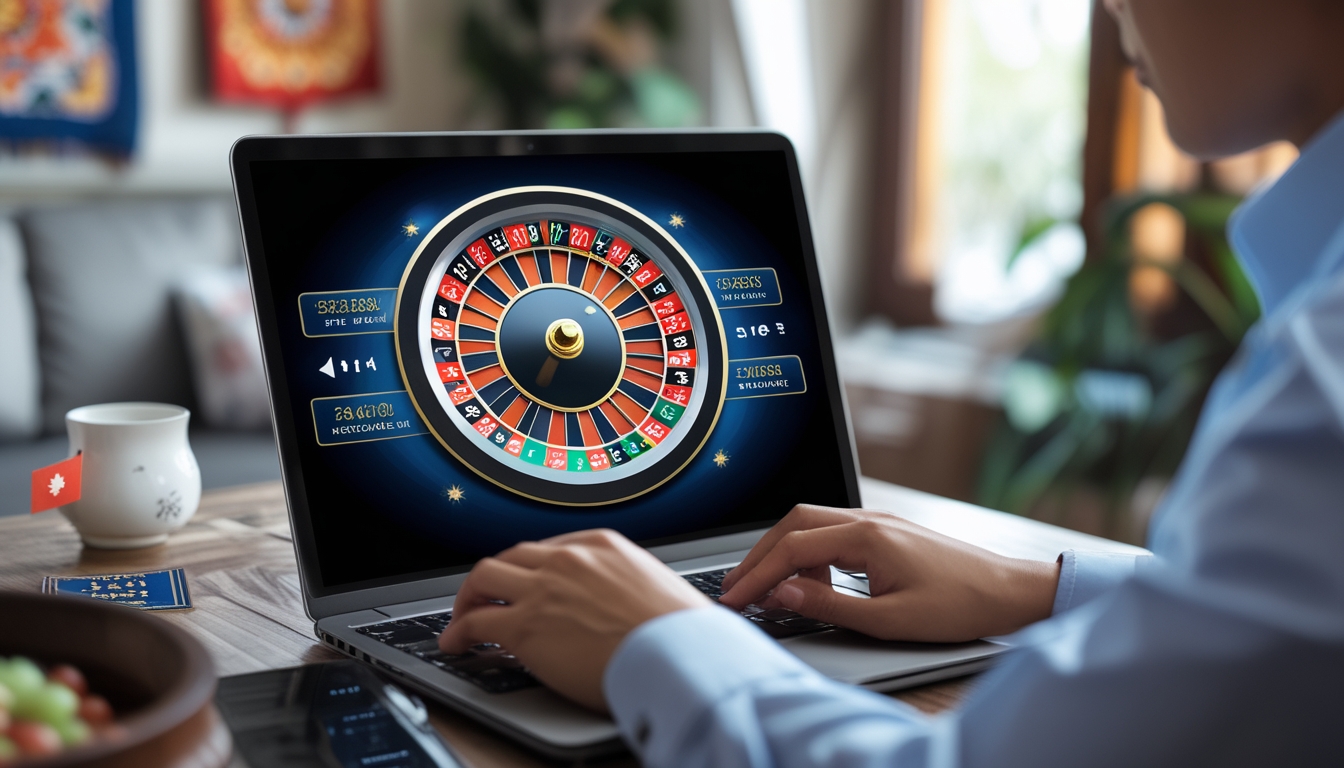Seseorang menggunakan laptop dengan tampilan roda roulette digital yang berputar di layar dalam ruangan yang nyaman dengan sentuhan budaya Indonesia.