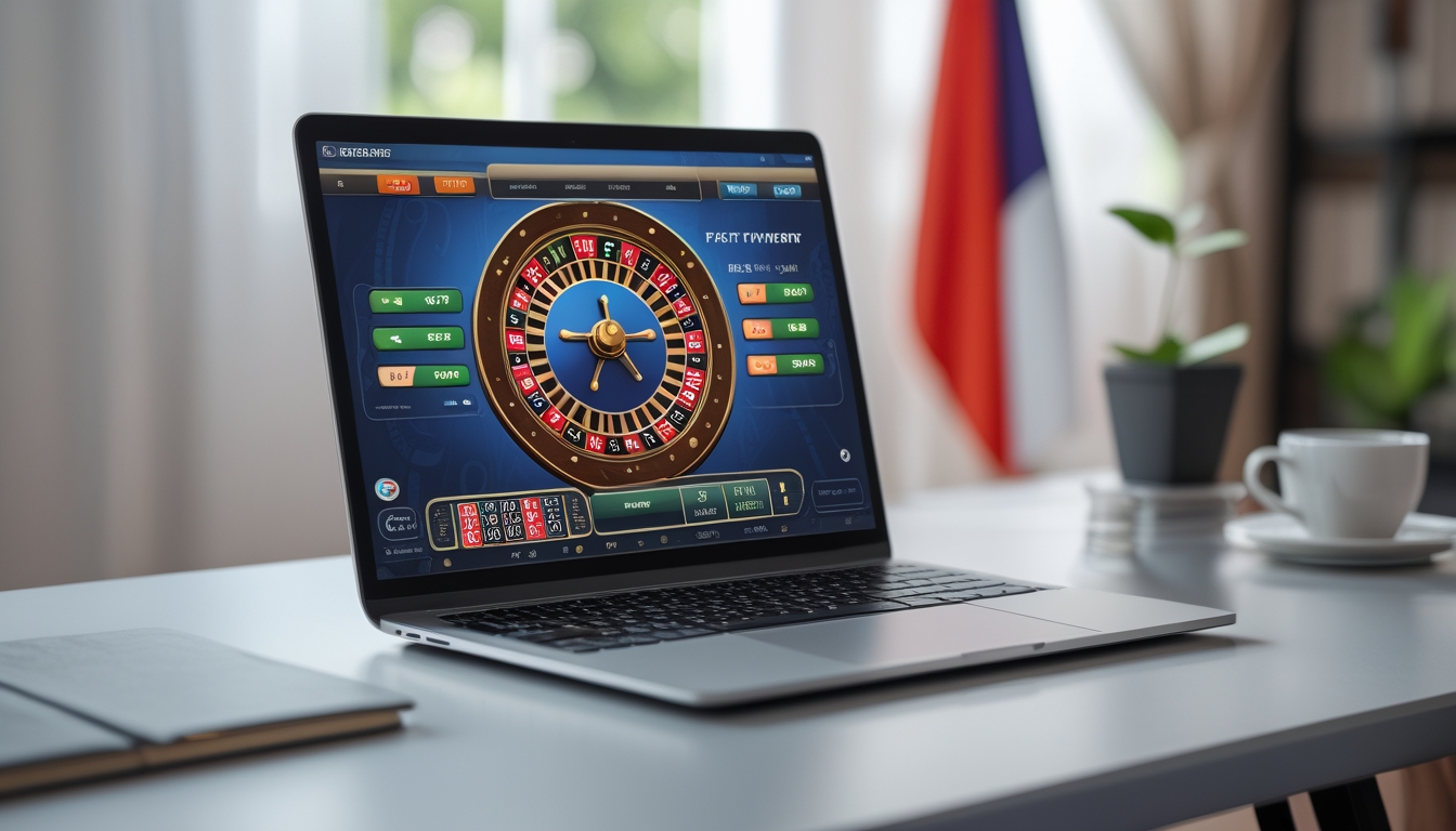 Laptop yang menampilkan permainan roulette online dengan latar belakang yang menampilkan elemen budaya Indonesia.