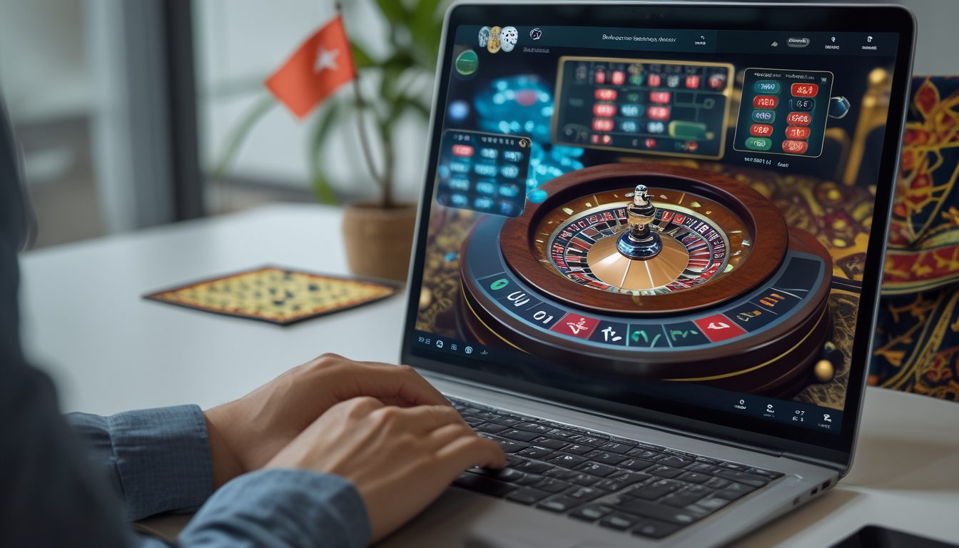 Tangan seseorang sedang bermain roulette online di komputer dengan tampilan permainan roulette yang jelas di layar.