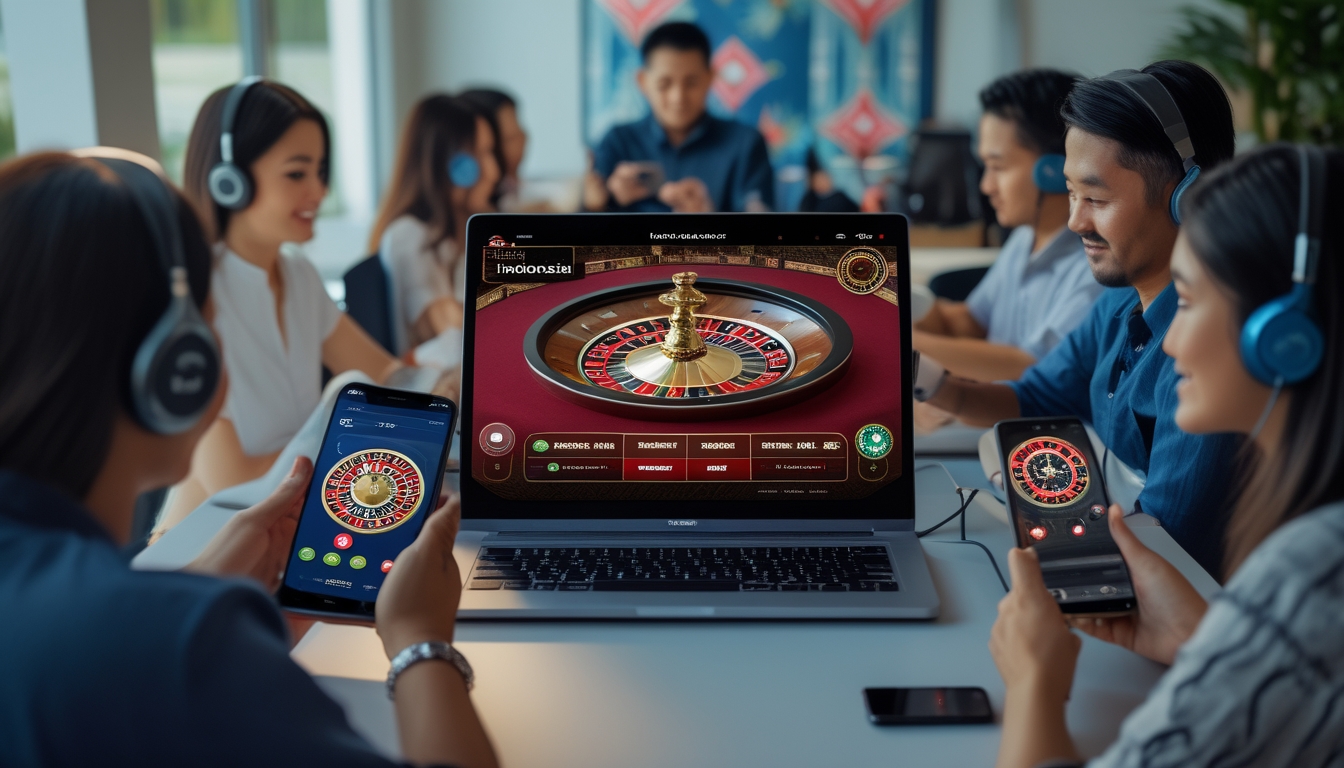 Orang-orang bermain roulette online di kasino virtual dengan latar belakang motif budaya Indonesia.