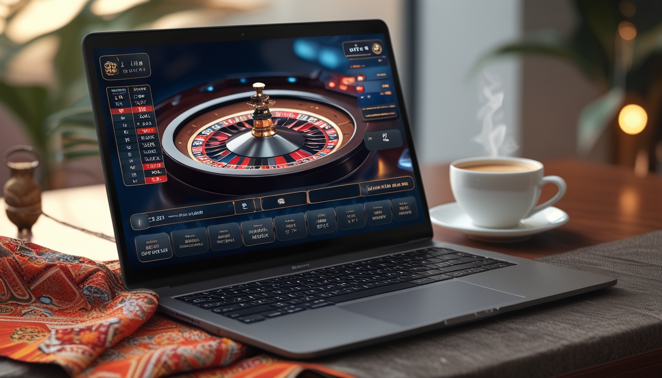 Seorang pemain menggunakan laptop dengan tampilan permainan roulette online yang menampilkan roda roulette berwarna merah dan hitam, dikelilingi oleh elemen budaya Indonesia seperti kain batik dan secangkir kopi.