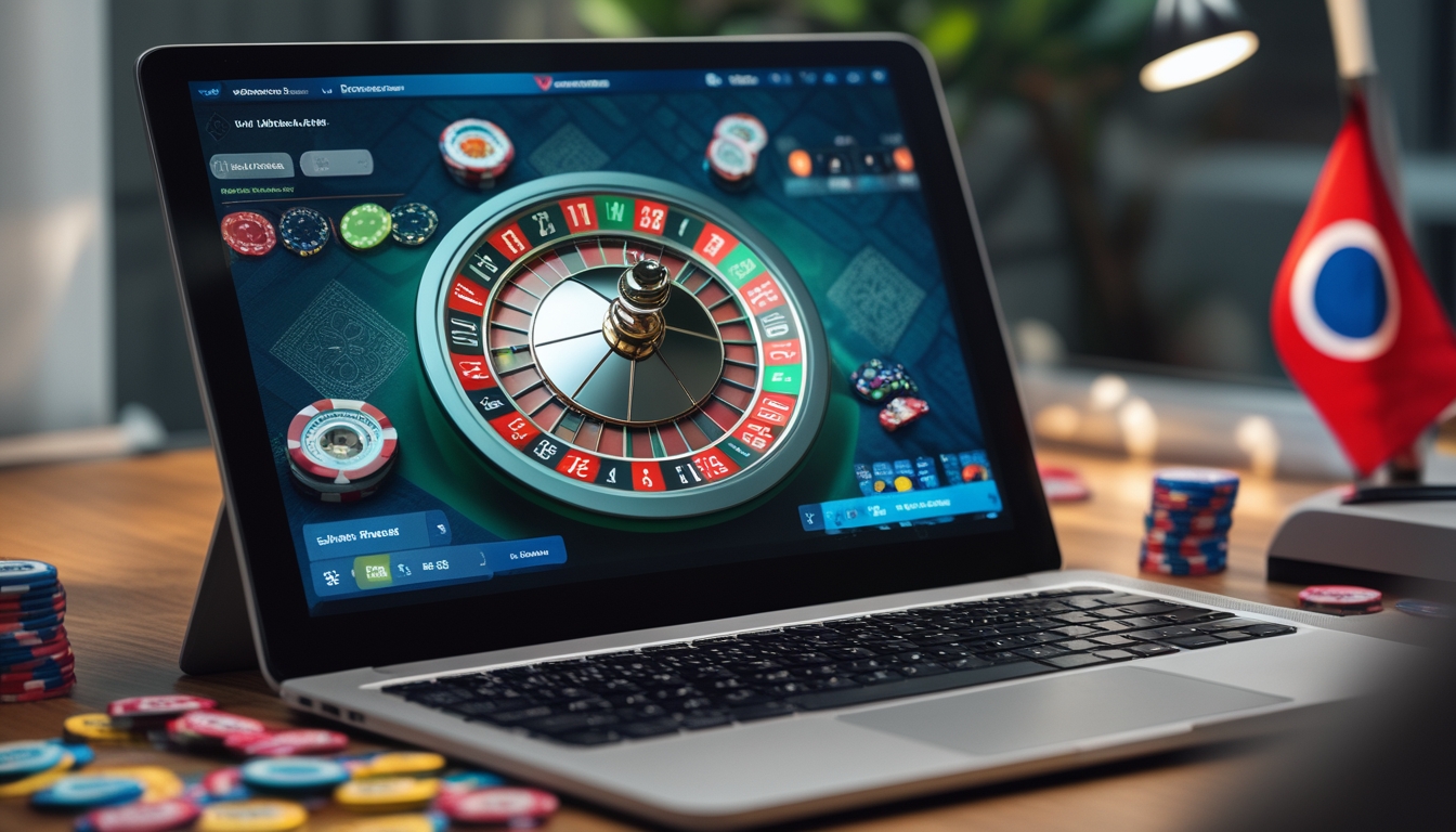 Seseorang sedang bermain roulette online di komputer dengan latar belakang elemen budaya Indonesia.