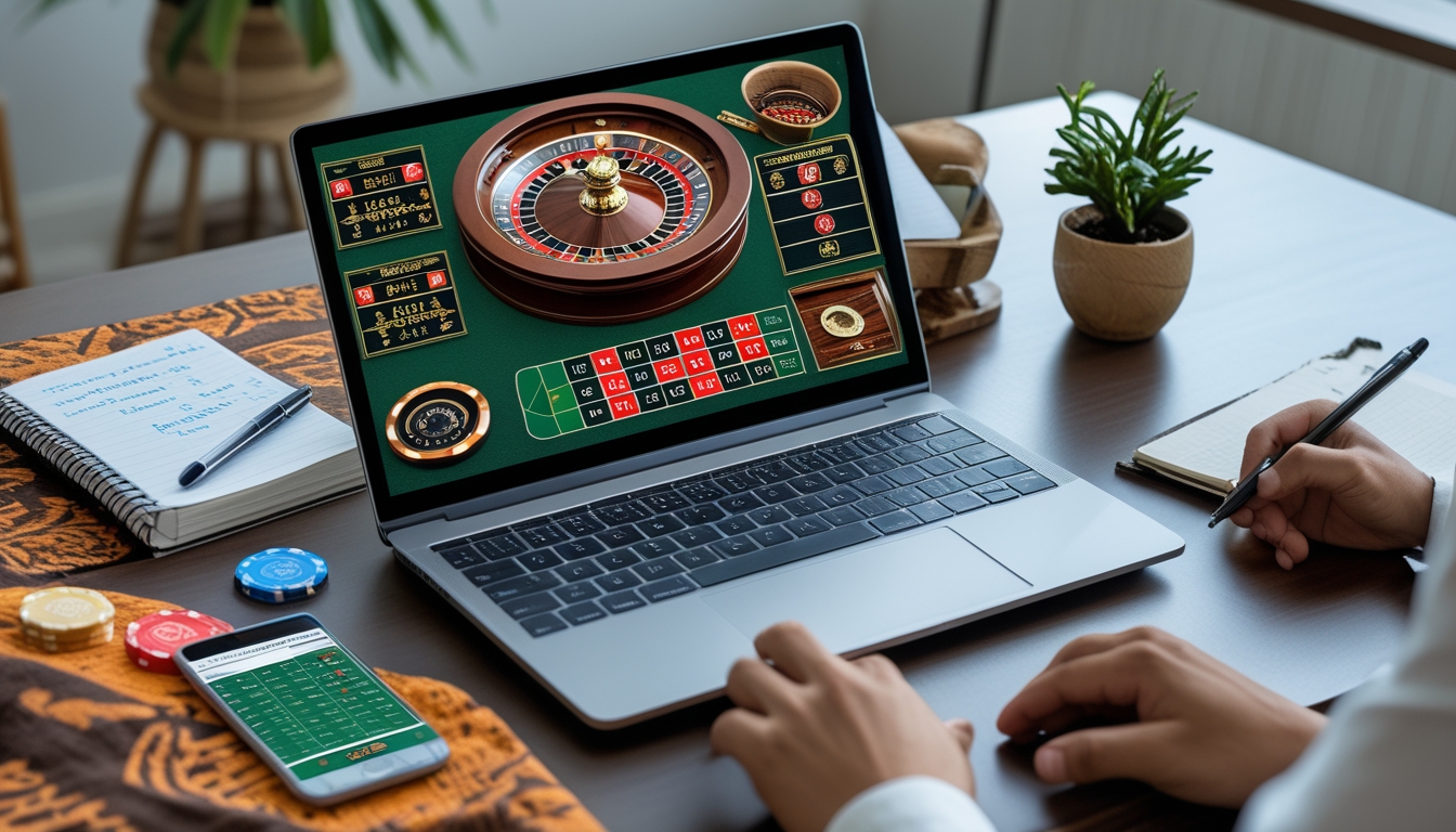 Seorang pemain menggunakan laptop dengan tampilan permainan roulette online, di meja terdapat catatan dan smartphone dengan grafik, suasana fokus dan strategis.