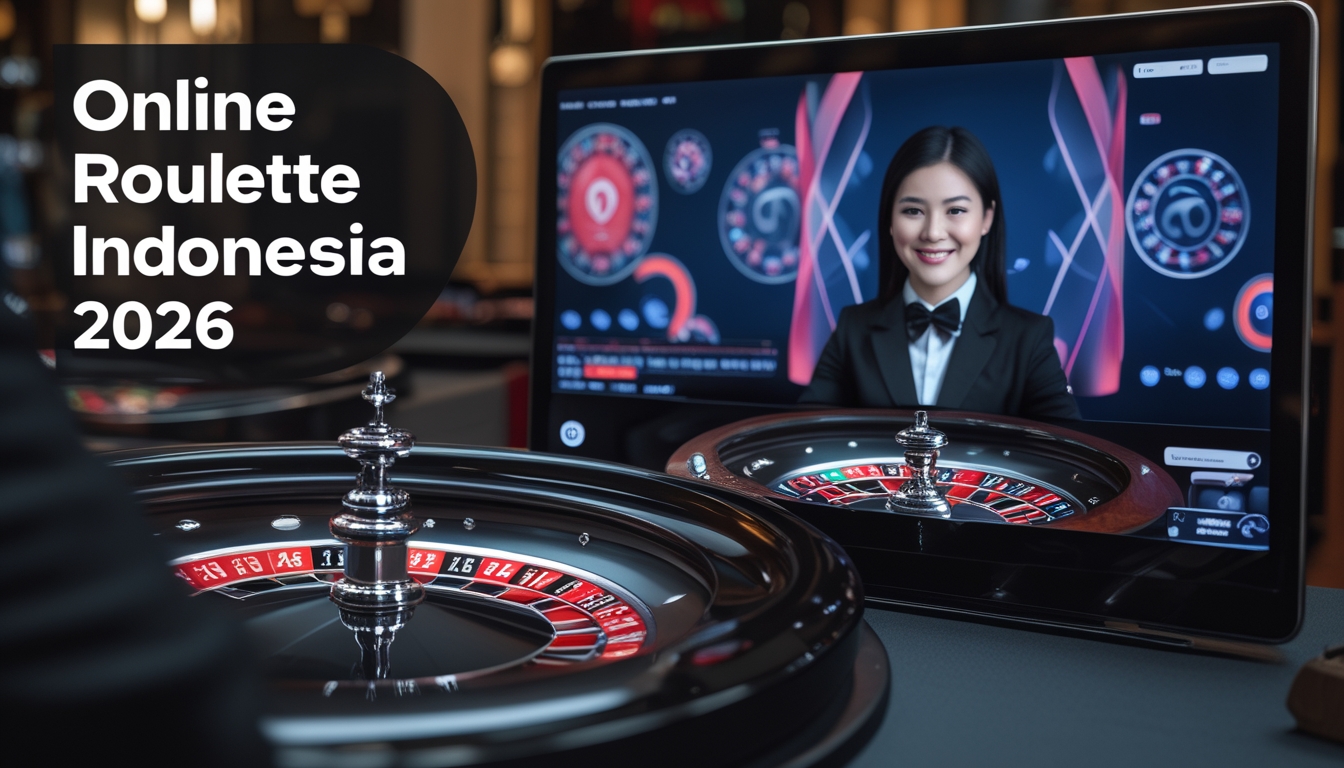 Seorang dealer profesional sedang memandu permainan roulette online di layar komputer dengan latar belakang elemen budaya Indonesia.