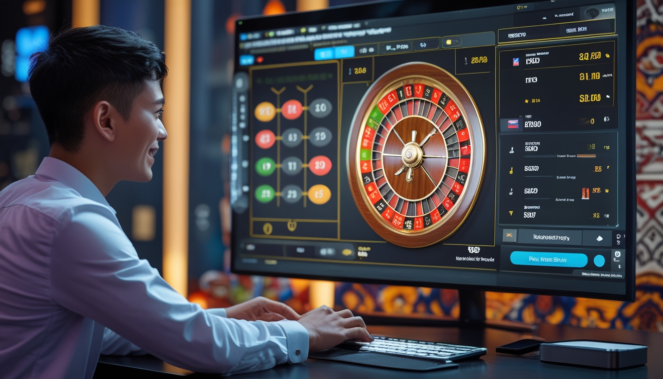 Seorang pemain muda Indonesia bermain roulette online dengan dealer asli di layar, di latar belakang terdapat elemen budaya Indonesia.