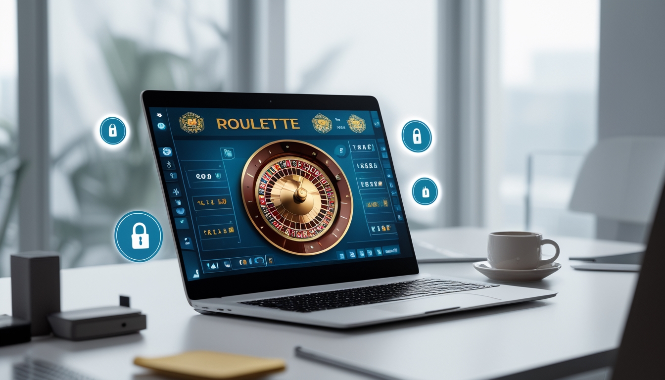 Meja kerja modern dengan laptop yang menampilkan roda roulette online dan ikon keamanan digital di sekitarnya.