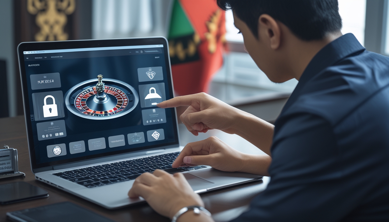Seseorang sedang mengevaluasi keamanan situs roulette online di depan laptop dengan ikon keamanan digital di layar.