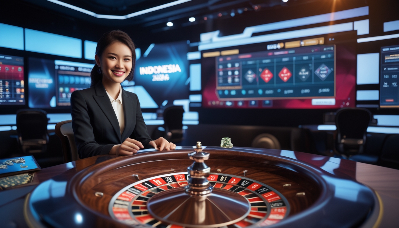Seorang dealer wanita tersenyum di depan meja roulette digital dengan layar komputer menampilkan permainan kasino online.