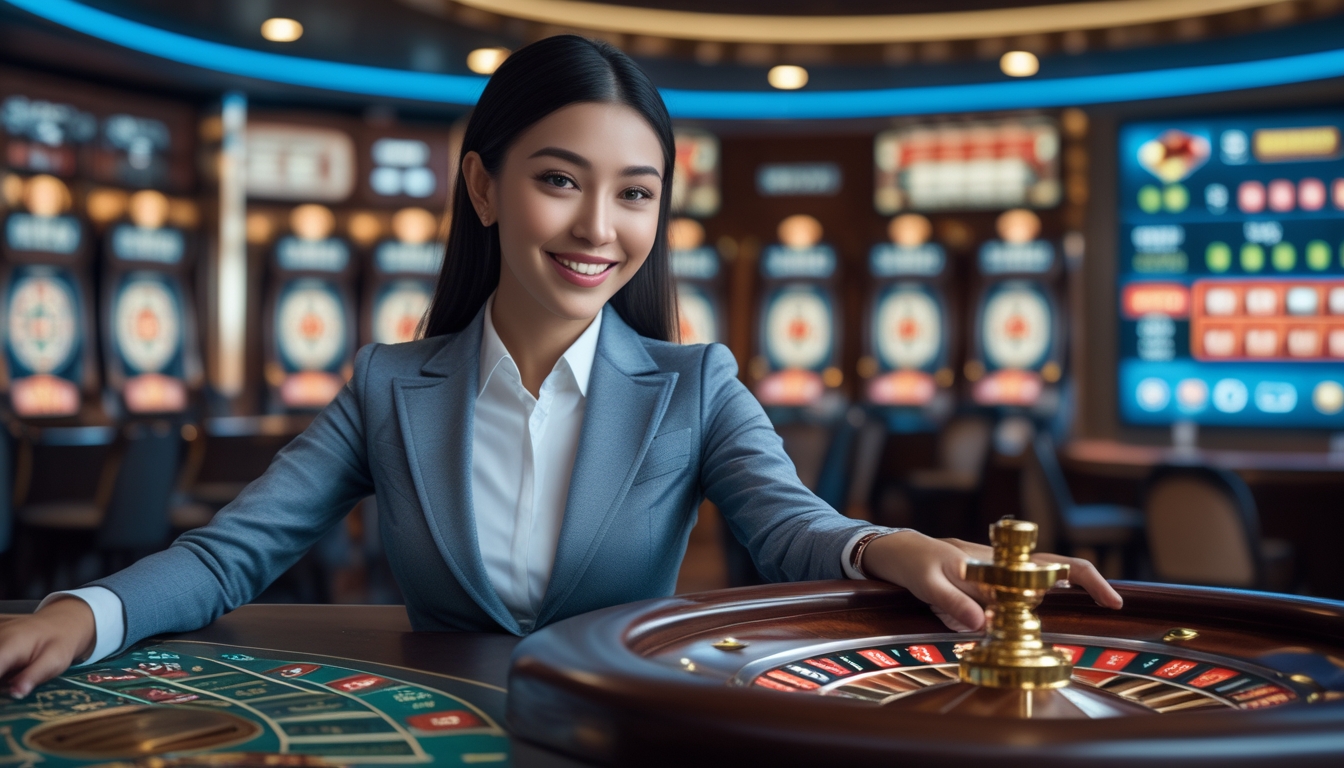 Seorang dealer wanita sedang memutar roda roulette di meja kasino dengan layar digital di latar belakang yang menampilkan permainan roulette online.