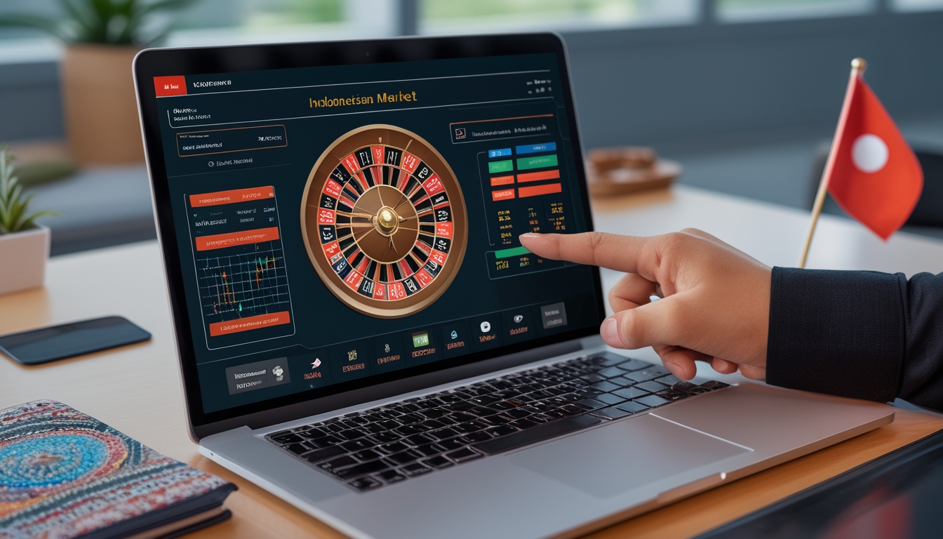 Seseorang menggunakan laptop dengan tampilan roda roulette digital dan grafik statistik di layar, di meja kerja dengan elemen budaya Indonesia.