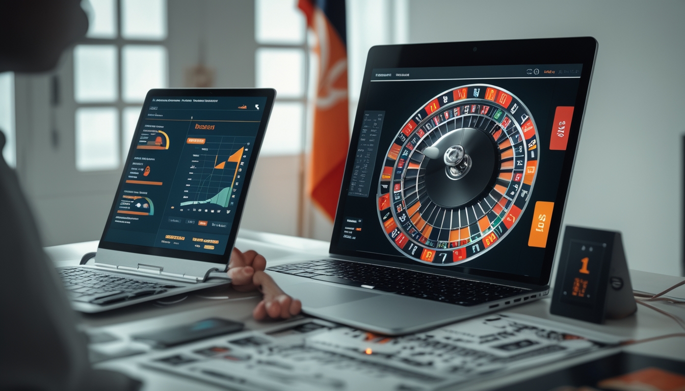 Seorang pria menggunakan laptop dengan tampilan permainan roulette online dan grafik statistik di meja kerja yang rapi.
