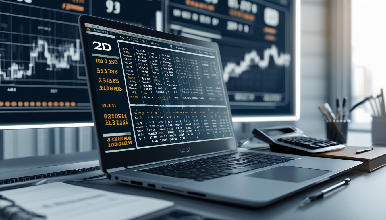 Meja kerja dengan laptop yang menampilkan data angka dan grafik prediksi togel, dikelilingi oleh buku catatan dan alat tulis.