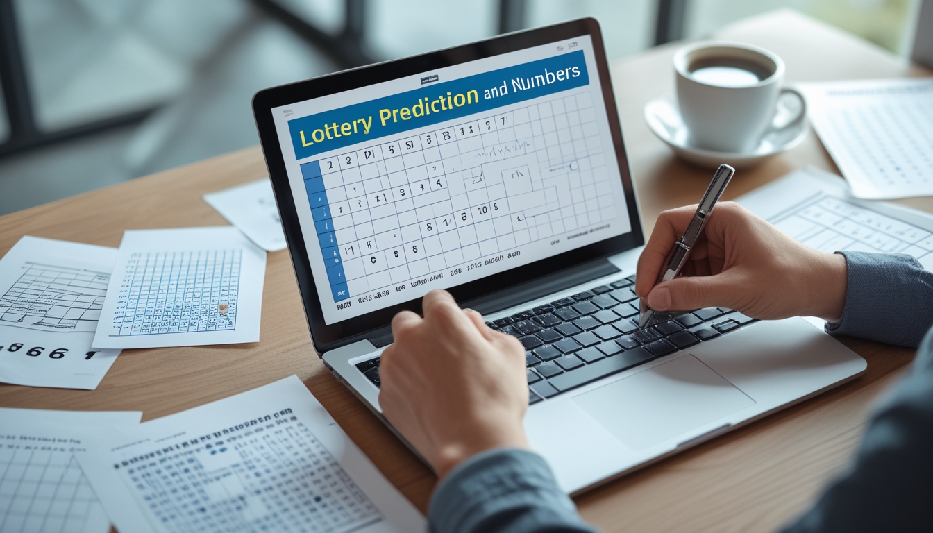 Seorang pria sedang menganalisis data togel di meja kerja dengan laptop, kertas catatan, dan grafik statistik.