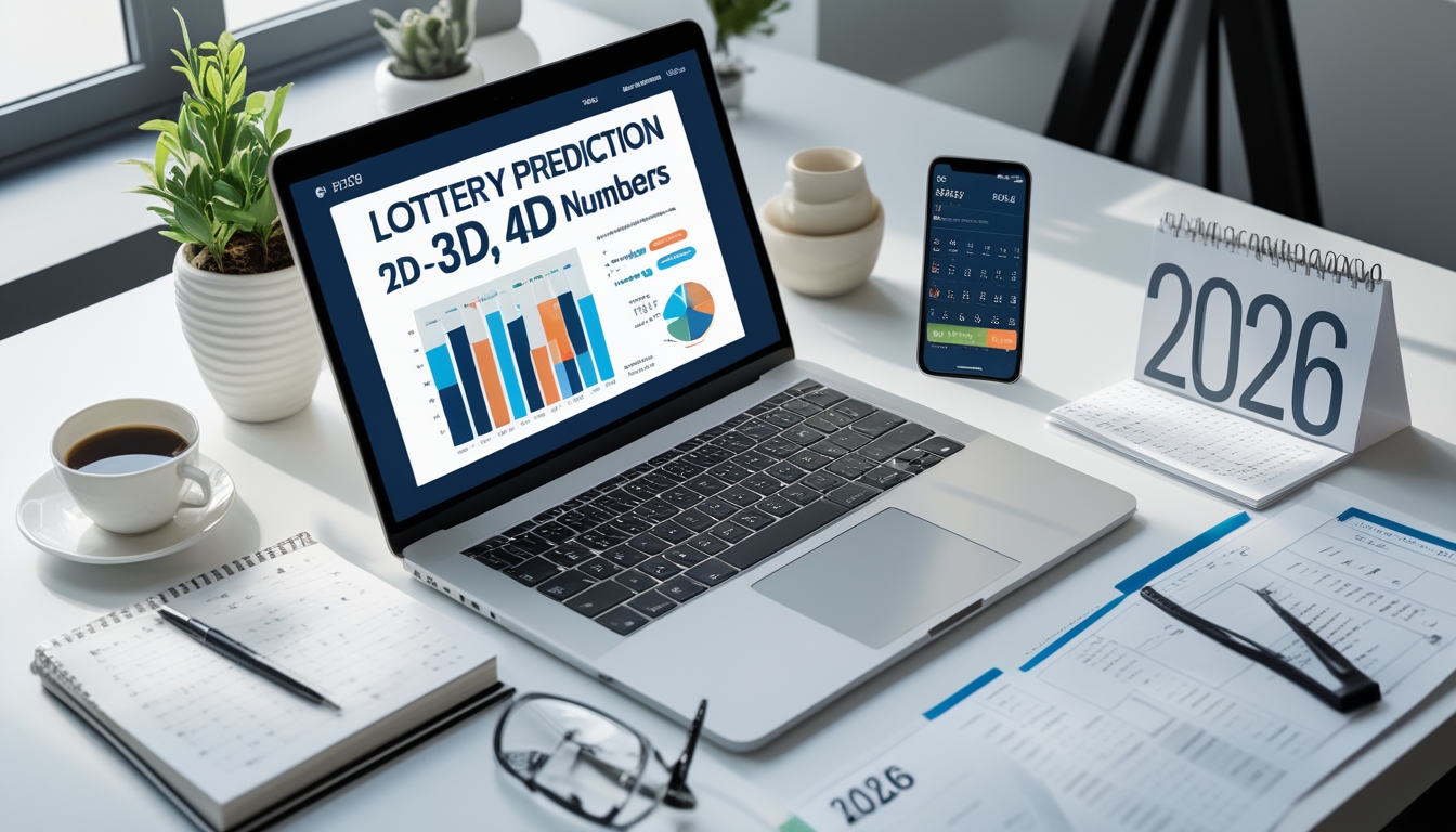 Meja kerja modern dengan laptop, smartphone, dan catatan yang menunjukkan analisis angka togel untuk tahun 2026.