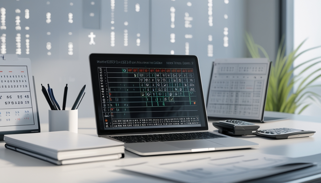 Meja kerja dengan laptop yang menampilkan grafik dan angka untuk prediksi togel, dikelilingi buku catatan dan alat tulis.