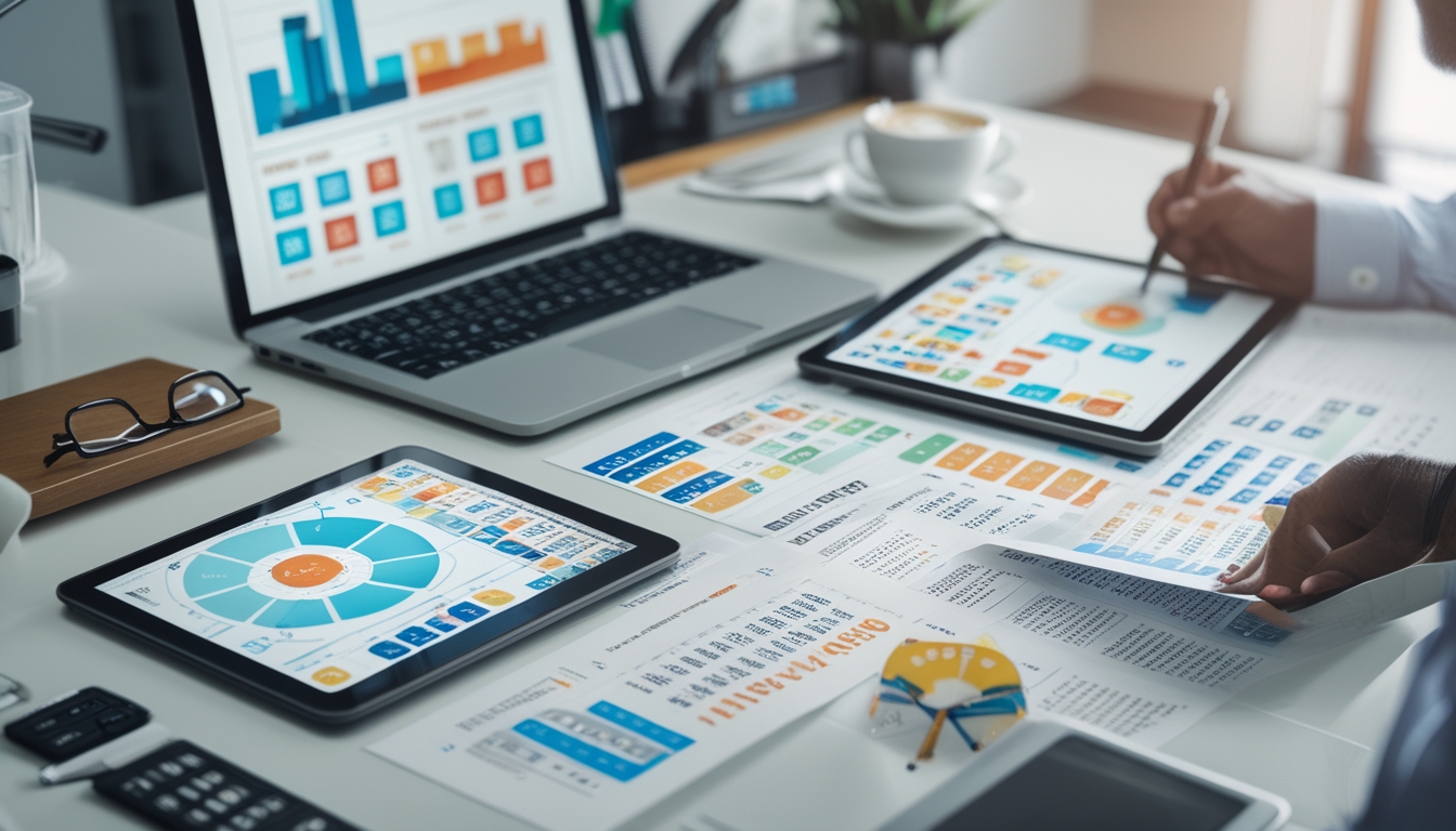 Seorang profesional sedang menganalisis data statistik togel dengan perangkat digital dan dokumen di meja kerja yang rapi.