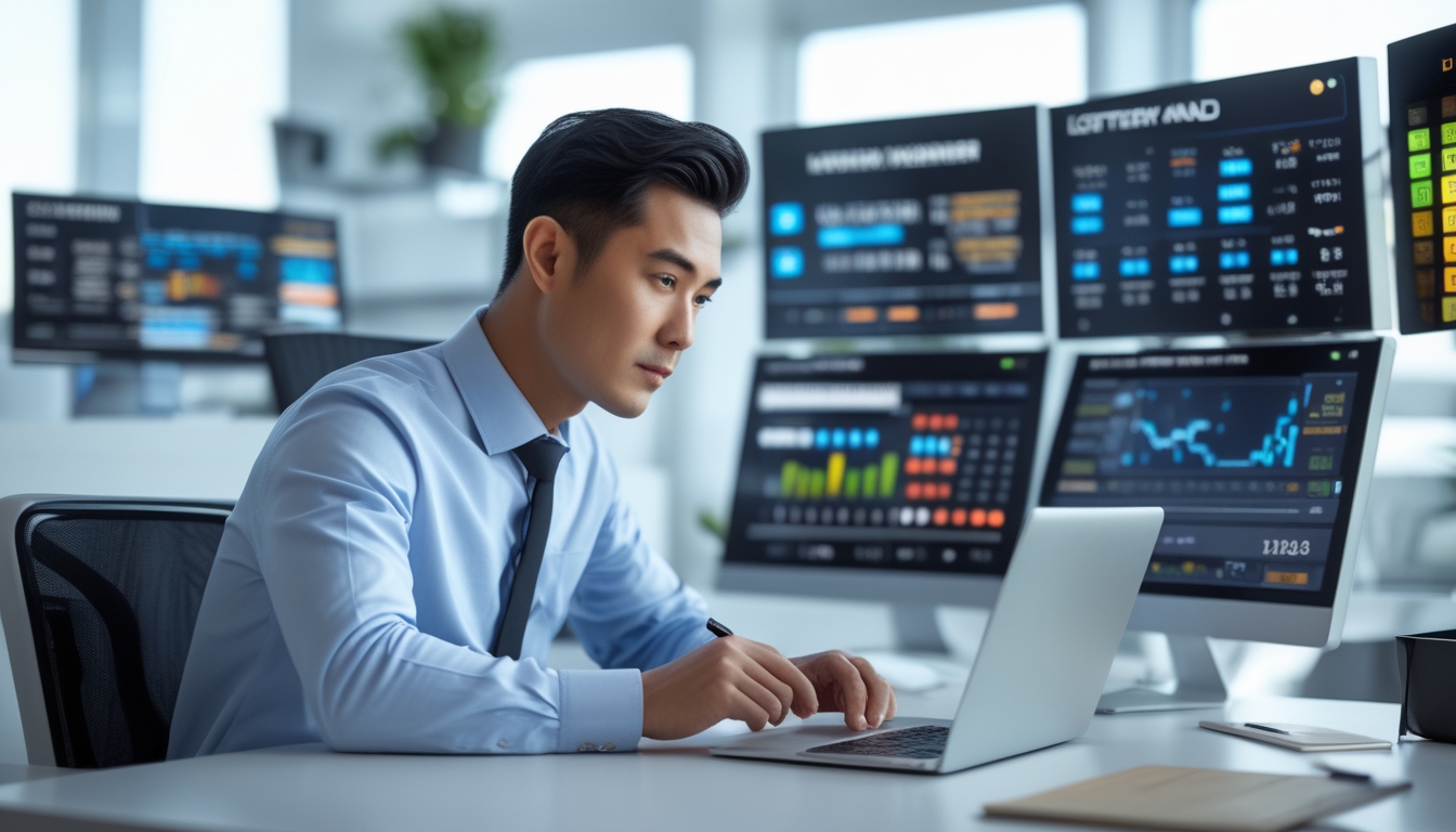 Seorang pria Asia duduk di meja modern dengan layar digital menampilkan data dan angka lotre, sedang menganalisis dengan serius di kantor yang terang dan rapi.