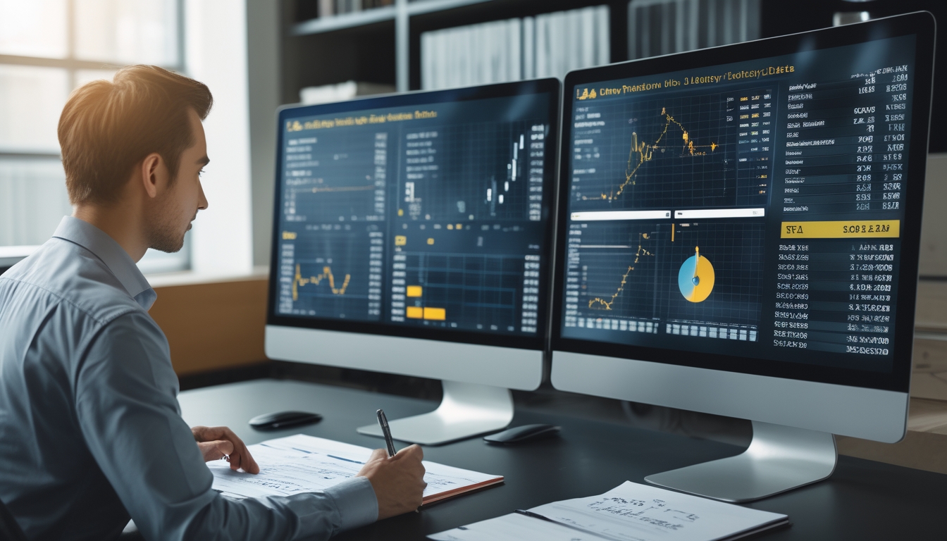 Seseorang sedang menganalisis data statistik di meja kerja dengan beberapa layar komputer yang menampilkan grafik dan angka terkait prediksi togel 2D, 3D, dan 4D.