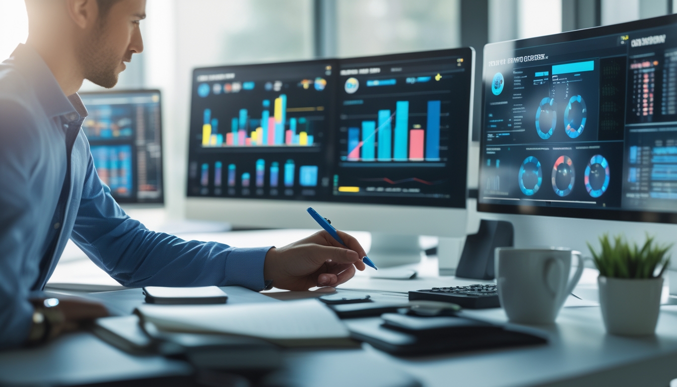 Seseorang sedang menganalisis data statistik di depan beberapa layar komputer di sebuah meja kerja modern.
