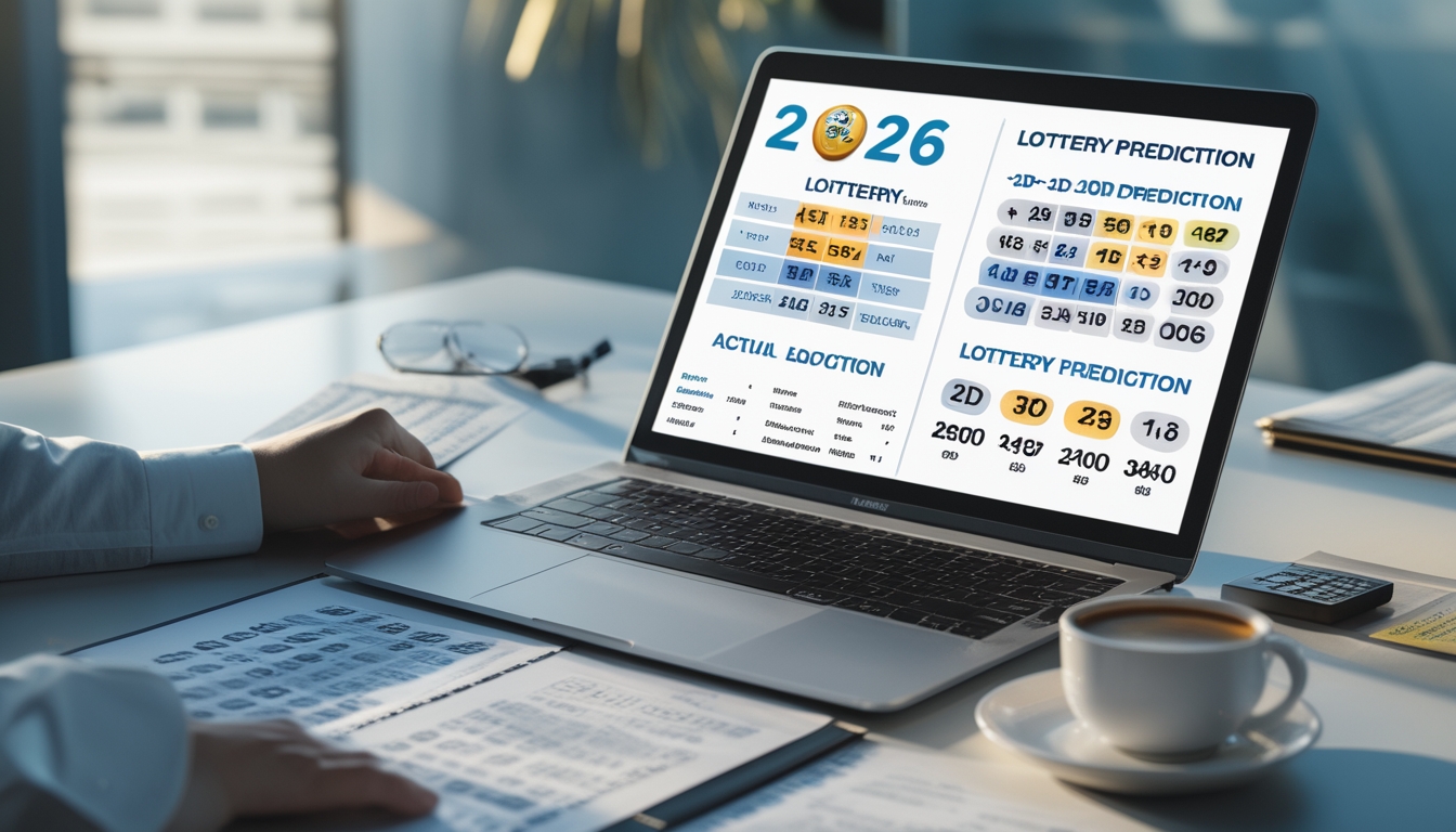 Meja kerja modern dengan laptop yang menampilkan data dan angka prediksi togel, dikelilingi oleh kertas dan kalkulator, dengan suasana kantor di latar belakang.