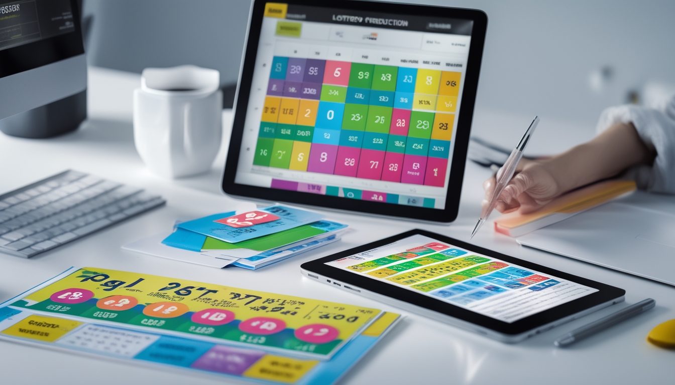 Seseorang sedang menganalisis tiket lotere dan grafik angka di meja kerja yang rapi.