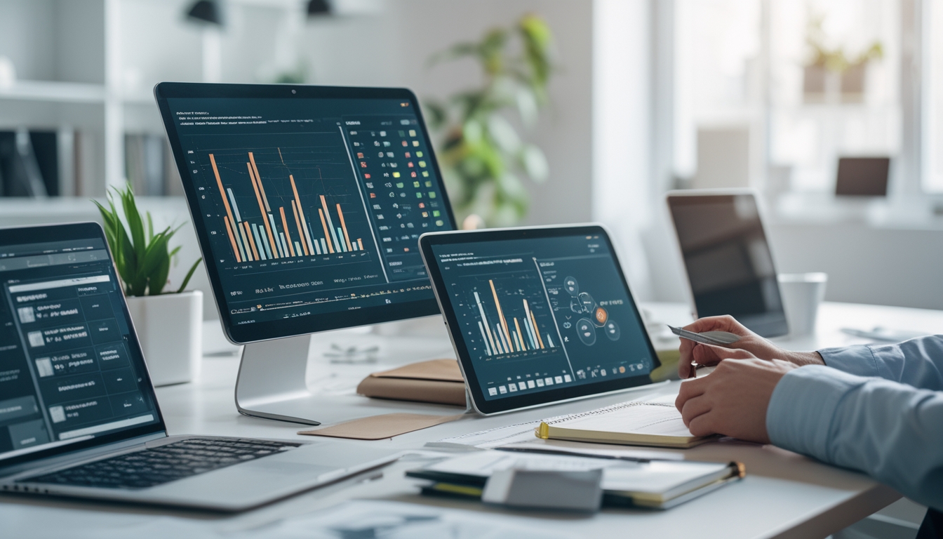 Meja kerja modern dengan perangkat digital yang menampilkan data dan grafik, tangan seseorang sedang menganalisis dan mencatat informasi di ruang kantor yang terang dan rapi.