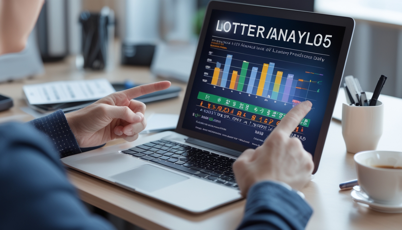 Meja kerja dengan perangkat digital menampilkan grafik dan data angka togel, tangan seseorang sedang menunjuk layar dan mencatat, di ruang kantor yang rapi dan terang.