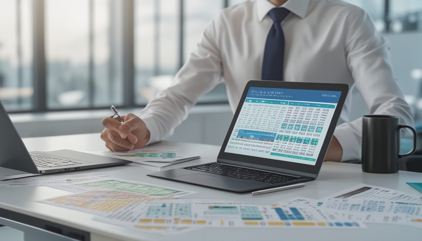 Seorang profesional sedang menganalisis data angka togel di meja kerja dengan perangkat digital dan lembar statistik.