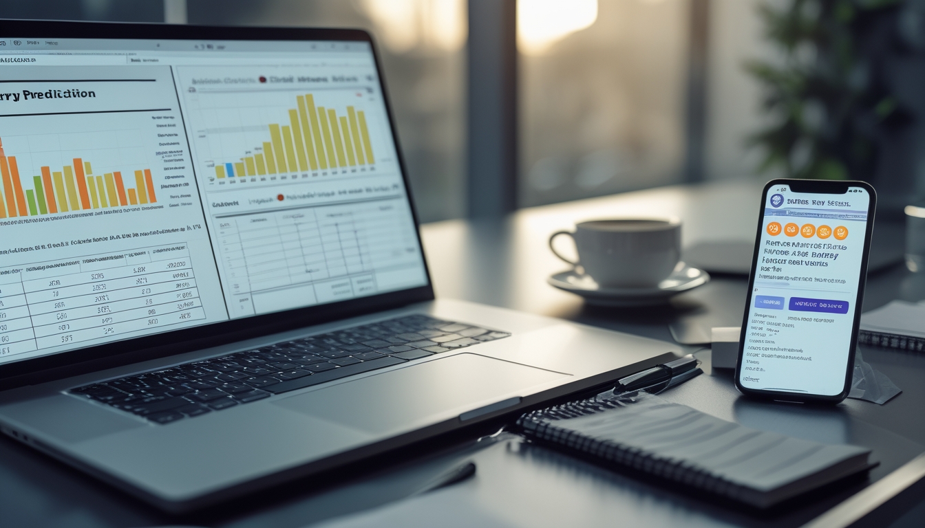 Meja kerja dengan laptop dan ponsel yang menampilkan grafik dan angka prediksi togel, dilengkapi dengan alat tulis dan cangkir kopi di lingkungan kantor yang tenang.