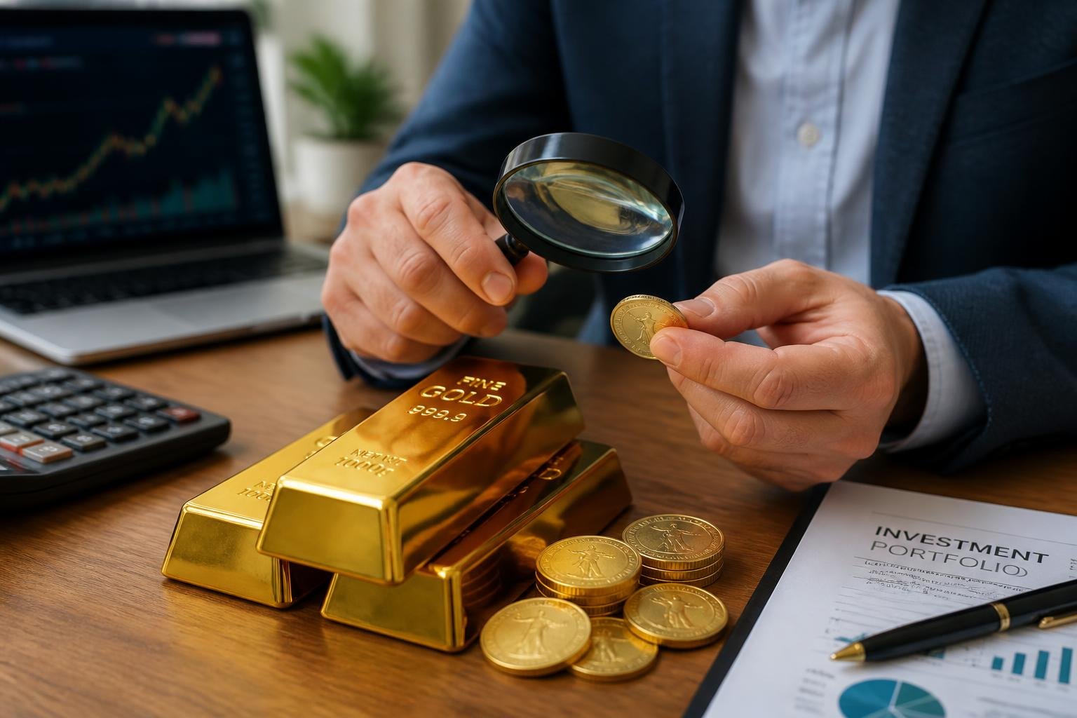 A person examining gold bars and coins on a table with a magnifying glass in an office setting.