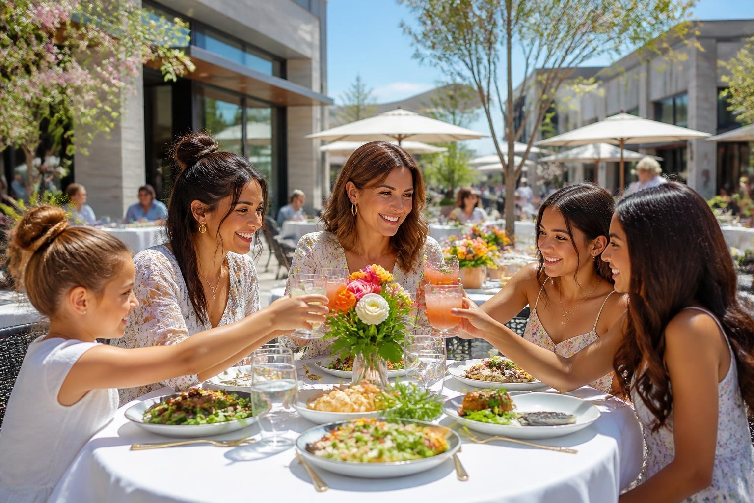 Families and friends enjoying a sunny outdoor meal together at a restaurant in Scottsdale Quarter on Mother's Day.