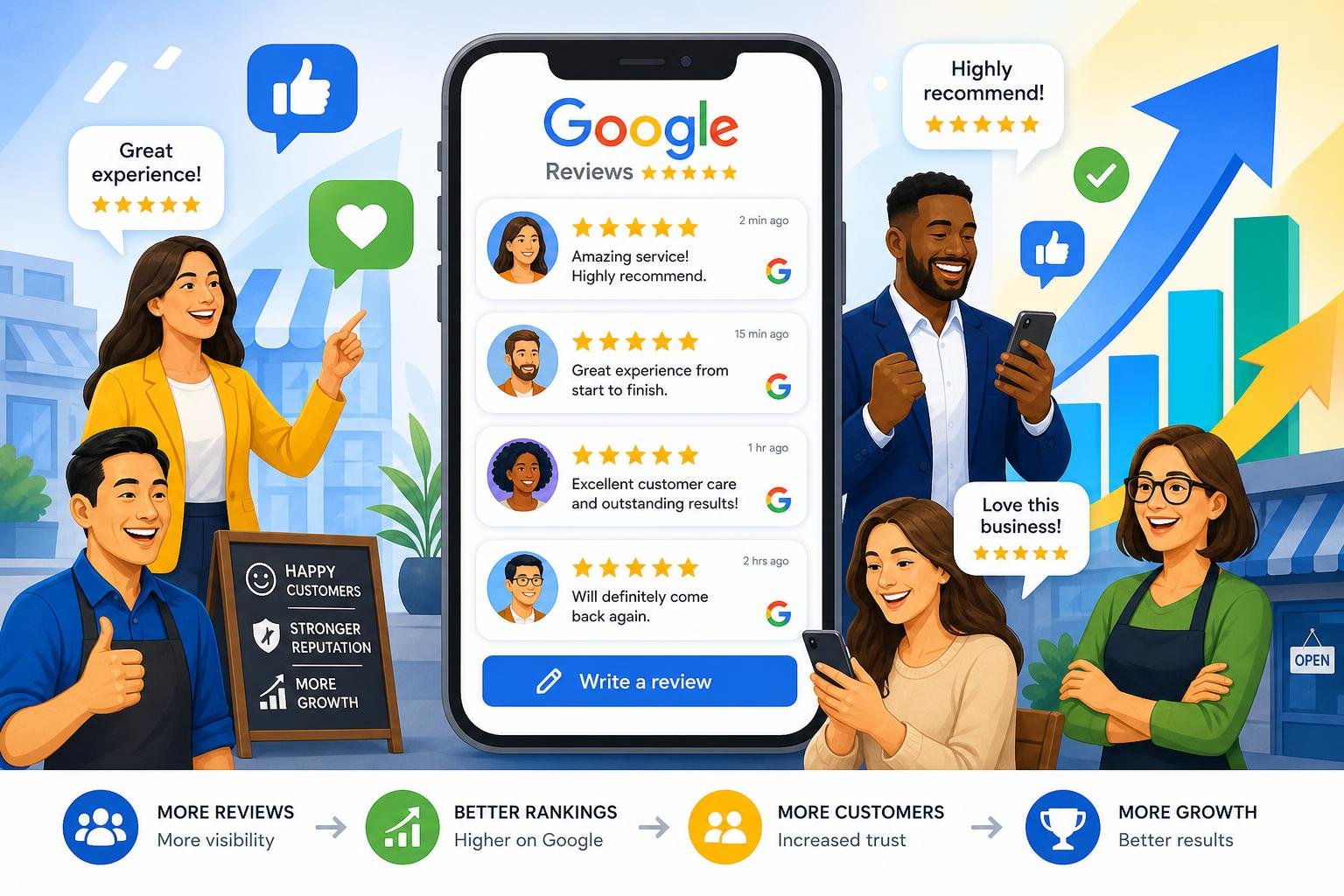 Een groep blije mensen rondom een groot smartphonescherm met sterren en beoordelingspictogrammen die groei en positieve feedback symboliseren.