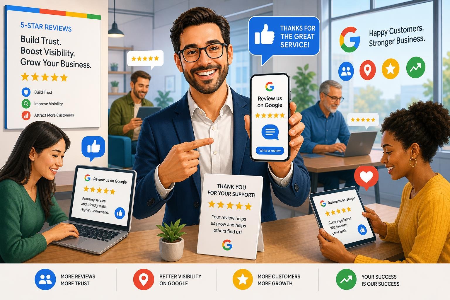 Een zakelijk persoon die met klanten praat terwijl ze positieve online beoordelingen geven op digitale apparaten in een moderne kantooromgeving.