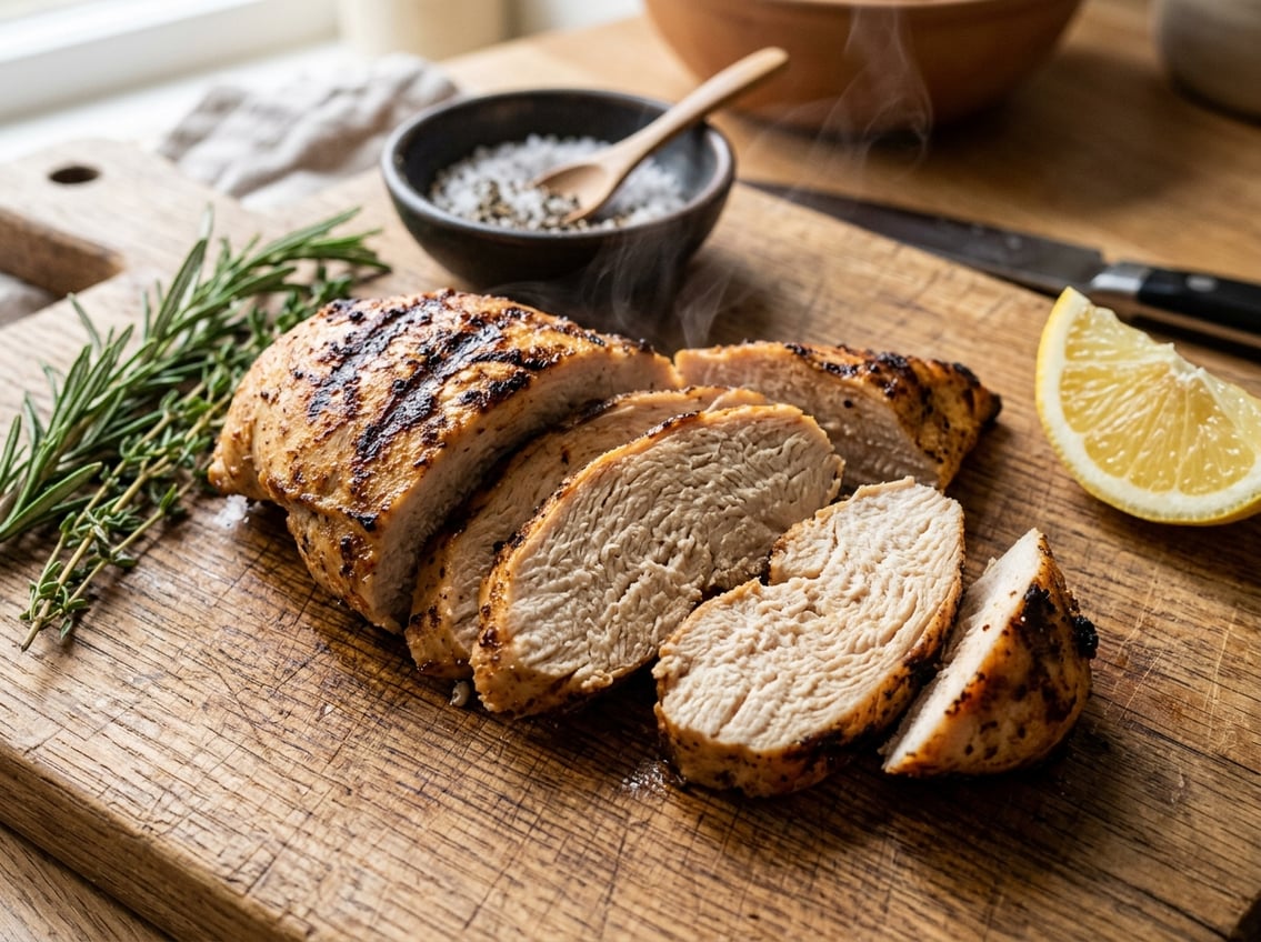Close-up of a sliced cooked chicken breast on a wooden cutting board with herbs and lemon wedge nearby.