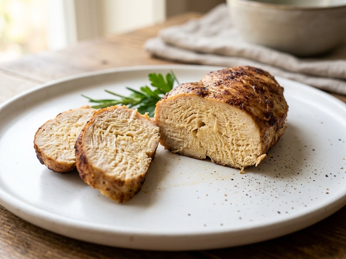 Close-up of a sliced cooked chicken breast showing a firm and slightly dry texture on a white plate with a small herb garnish.